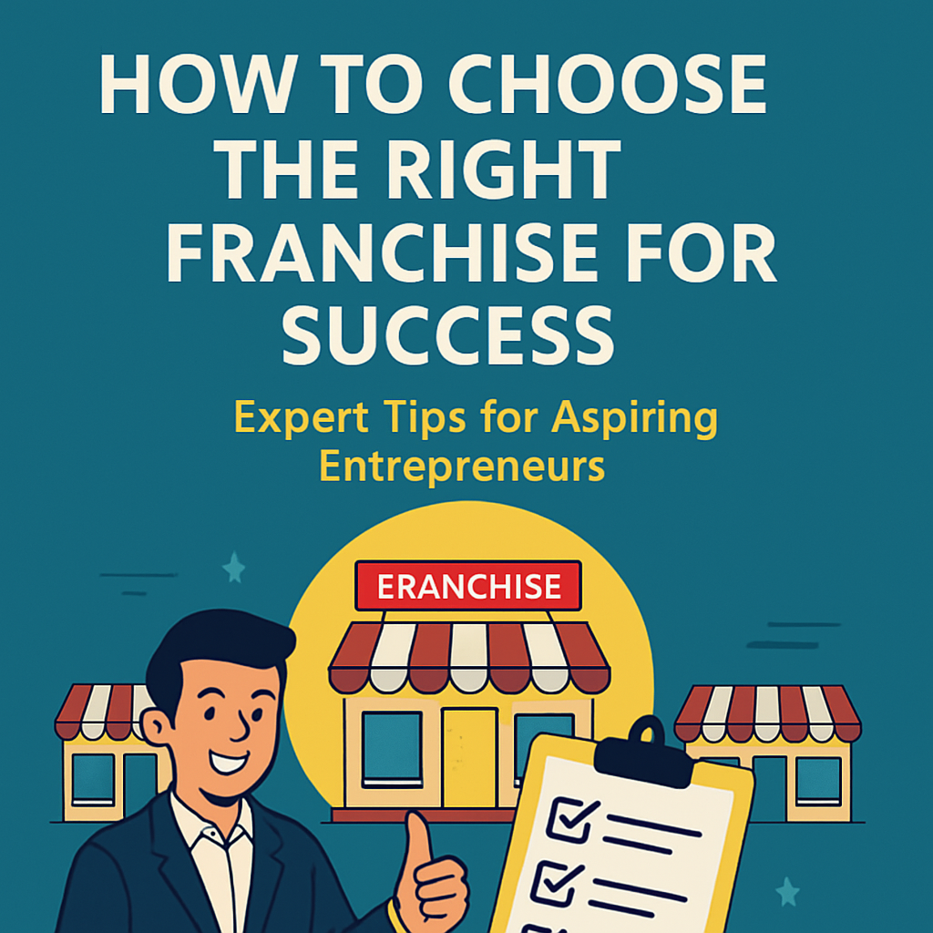 Illustration of a thoughtful young entrepreneur beside a franchise store, representing tips on choosing the right franchise for success.