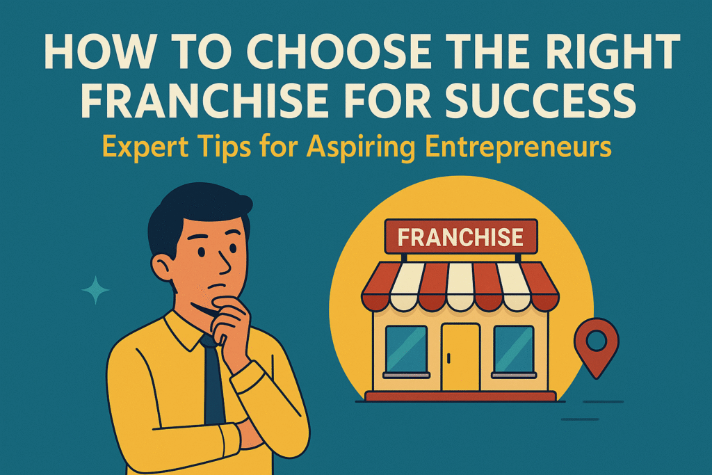 Illustration of a thoughtful young entrepreneur beside a franchise store, representing tips on choosing the right franchise for success.