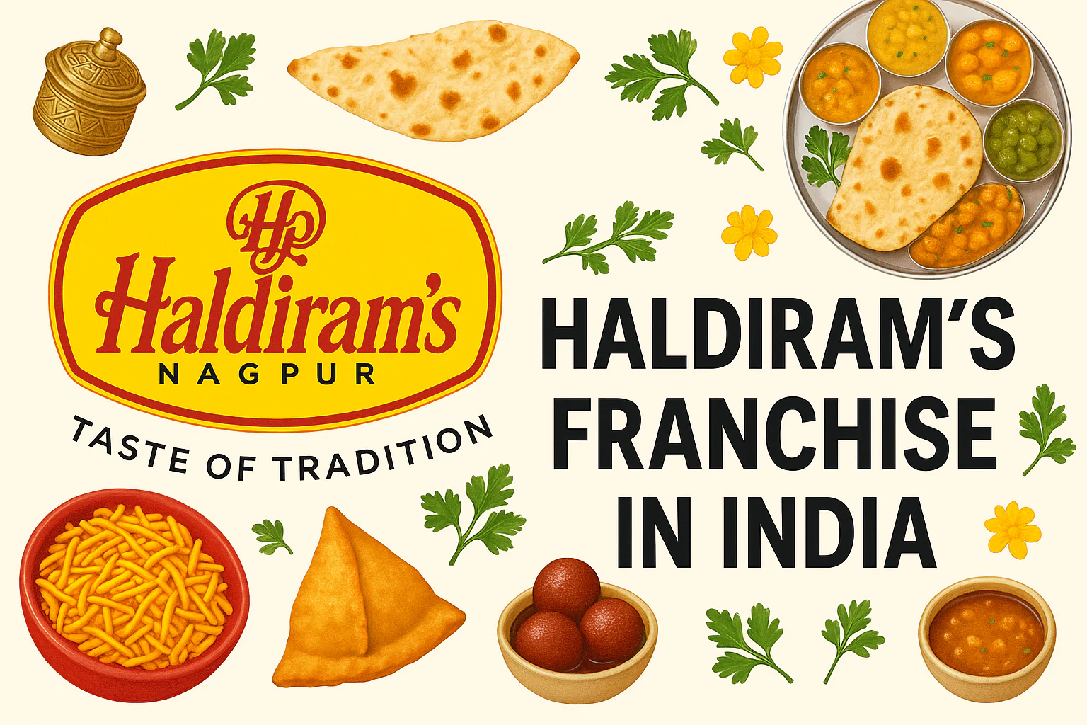Haldiram’s franchise opportunity in India with traditional Indian food items like samosa, thali, and gulab jamun featured around the Haldiram’s Nagpur logo on a beige background.