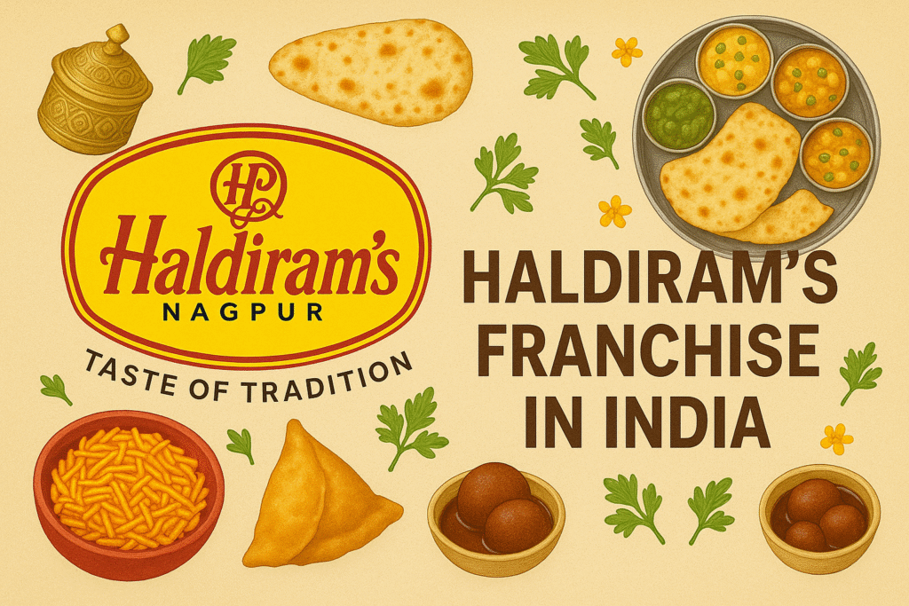 Haldiram’s franchise opportunity in India with traditional Indian food items like samosa, thali, and gulab jamun featured around the Haldiram’s Nagpur logo on a beige background.