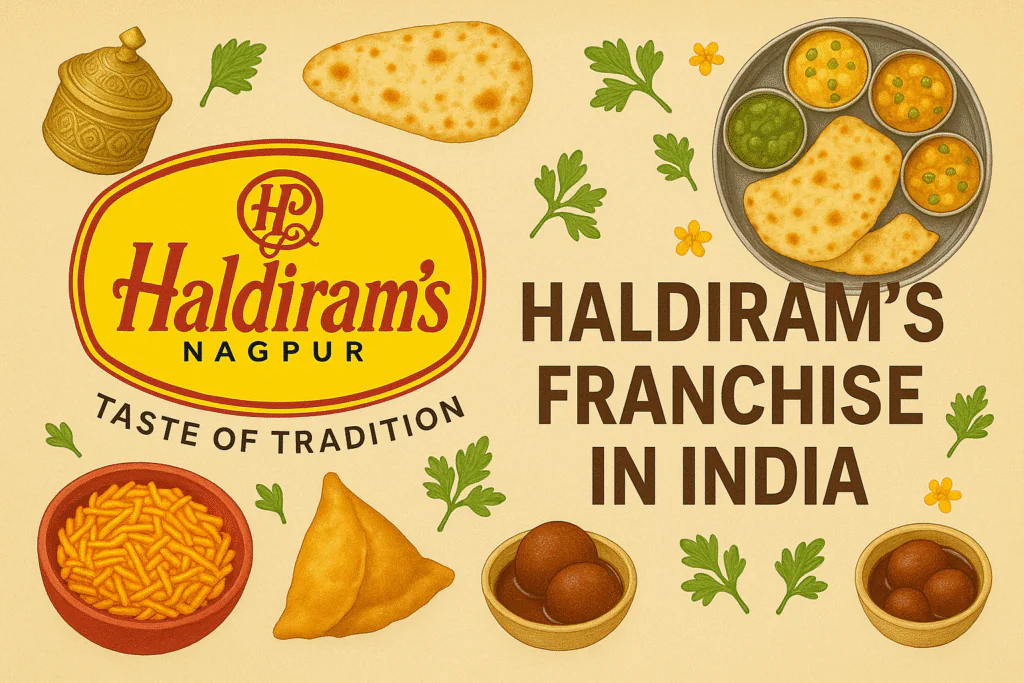 Haldiram’s franchise opportunity in India with traditional Indian food items like samosa, thali, and gulab jamun featured around the Haldiram’s Nagpur logo on a beige background.