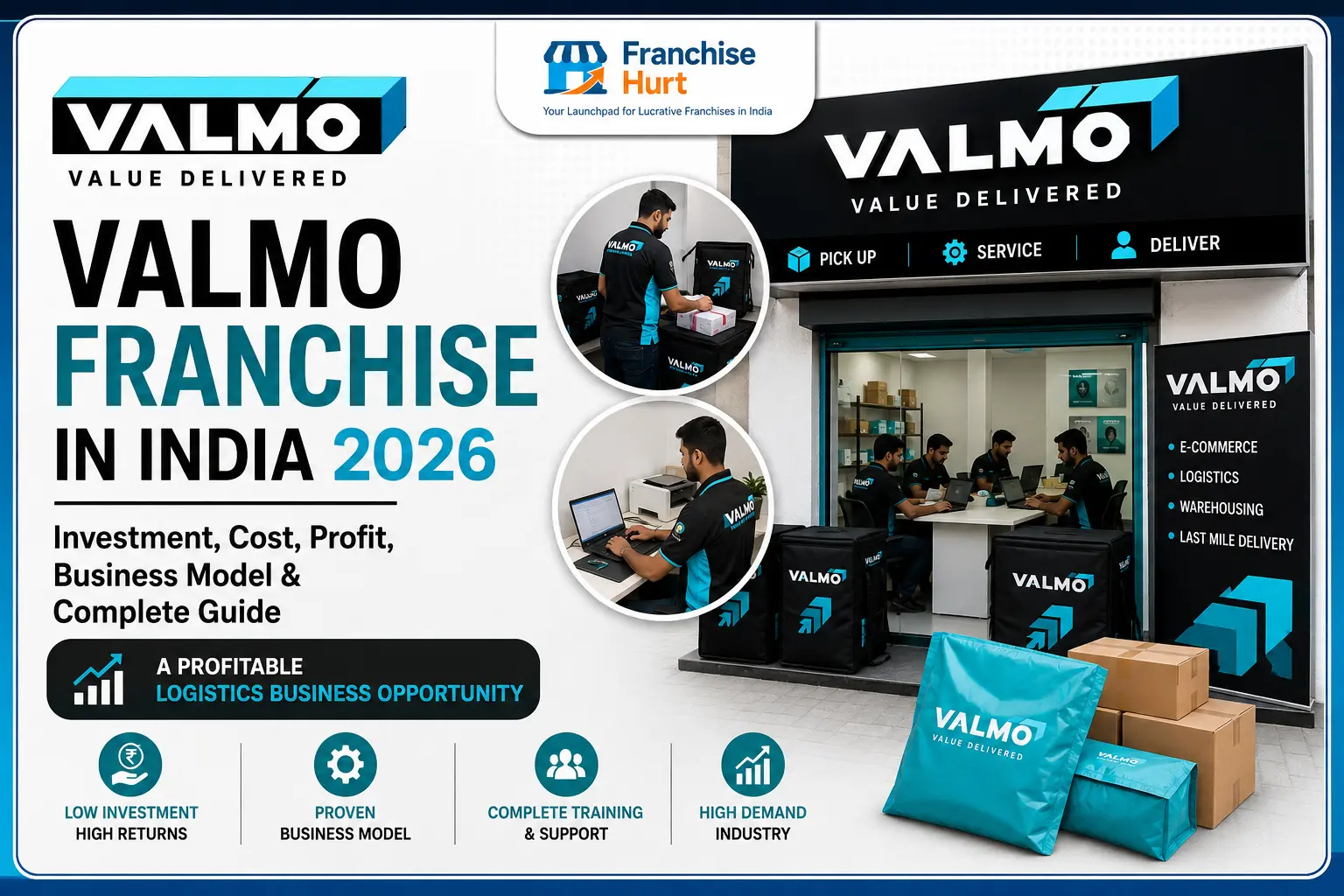 Valmo Franchise in India 2026 blog cover featuring a Valmo delivery hub, logistics operations, investment details, business model, profit potential, and FranchiseHurt branding.