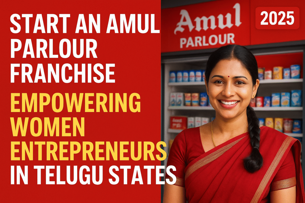 South Indian woman entrepreneur in a red saree smiling confidently in front of an Amul Parlour, promoting franchise opportunities for women in Andhra Pradesh and Telangana.