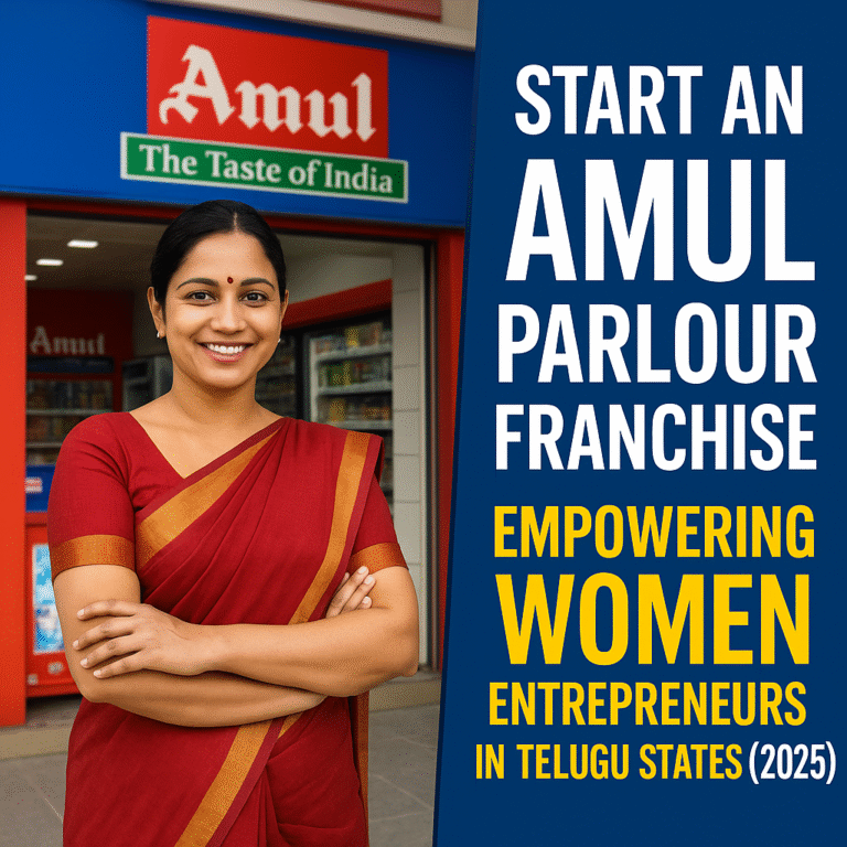 Confident South Indian woman in a red saree standing in front of an Amul Parlour store, promoting 2025 Amul franchise opportunities for women in Andhra Pradesh and Telangana.