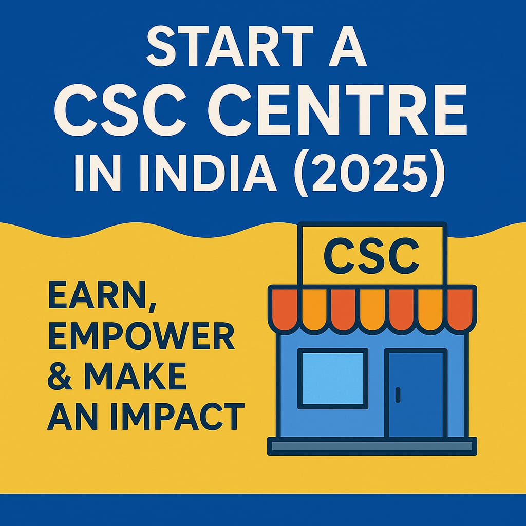 Man operating a CSC digital service center in India with icons of Aadhaar, digital payments, and e-Governance, symbolizing rural empowerment and digital inclusion in 2025.