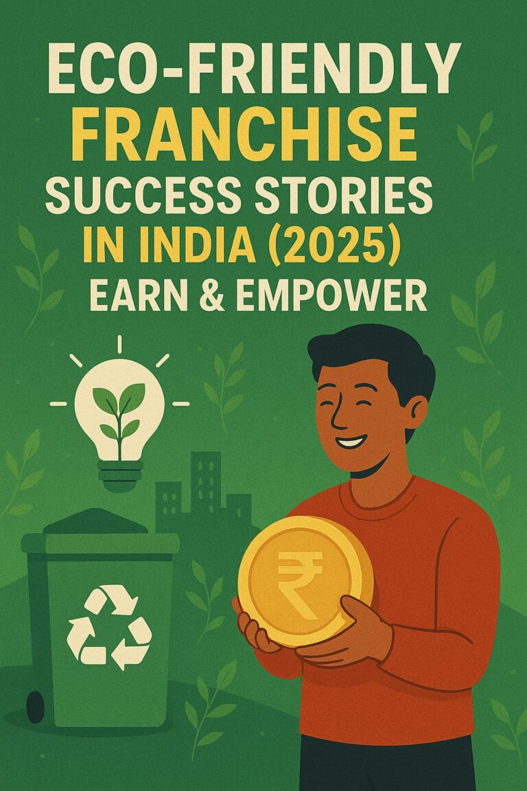Eco-friendly business success India 2025 – man holding rupee coin, recycling bin, green lightbulb with plant