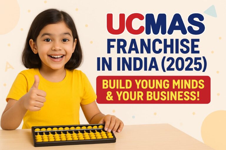 Happy Indian child using abacus for mental math with UCMAS franchise banner promoting education and business opportunity in 2025 India