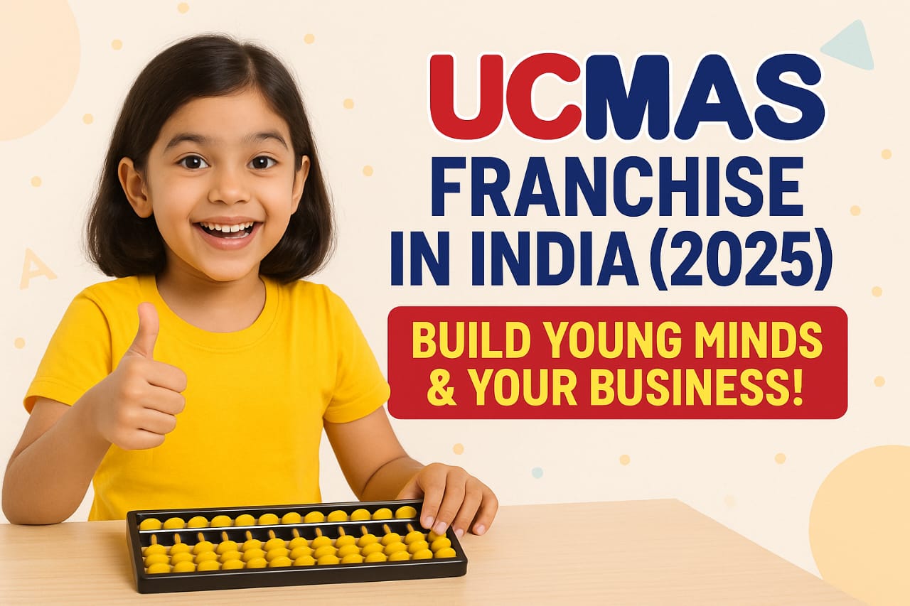Happy Indian child using abacus for mental math with UCMAS franchise banner promoting education and business opportunity in 2025 India
