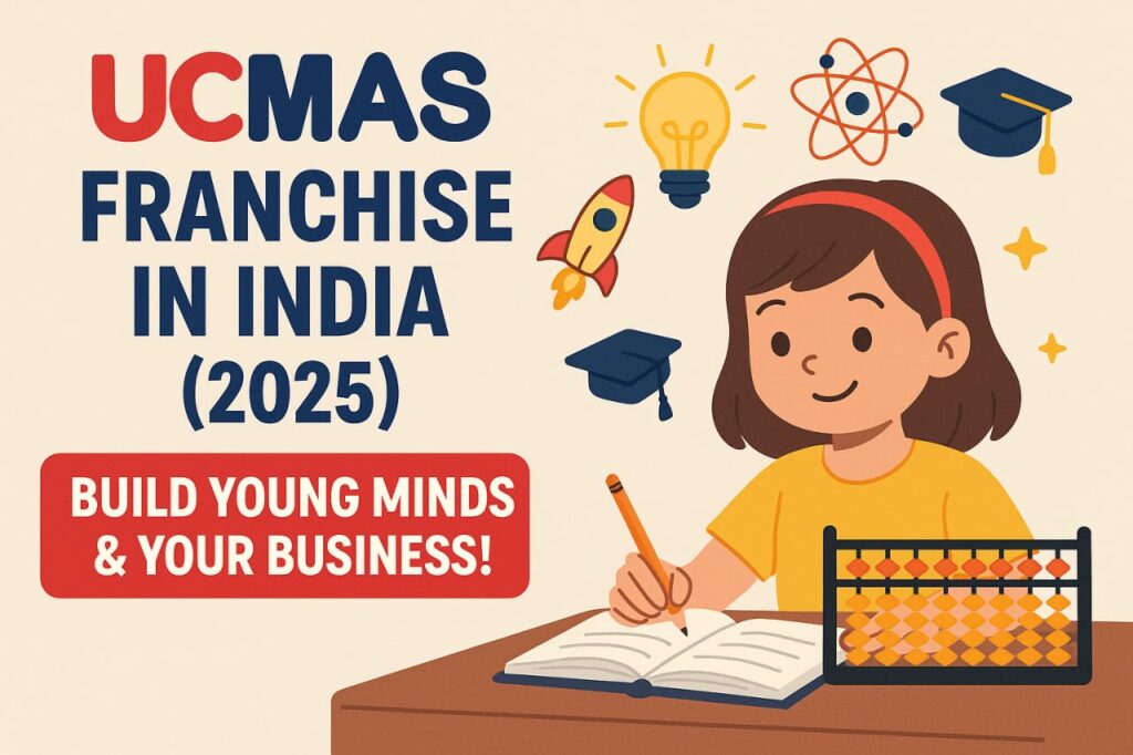 Cheerful Indian girl using abacus with UCMAS Franchise 2025 text โ Build young minds and your business.