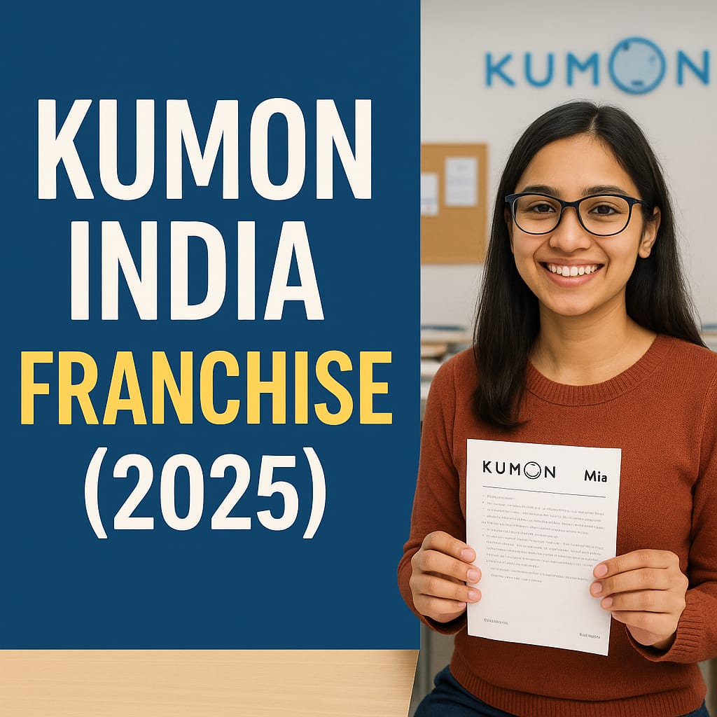 Smiling Indian woman holding a Kumon worksheet inside a learning center with bold text reading Kumon India Franchise 2025.