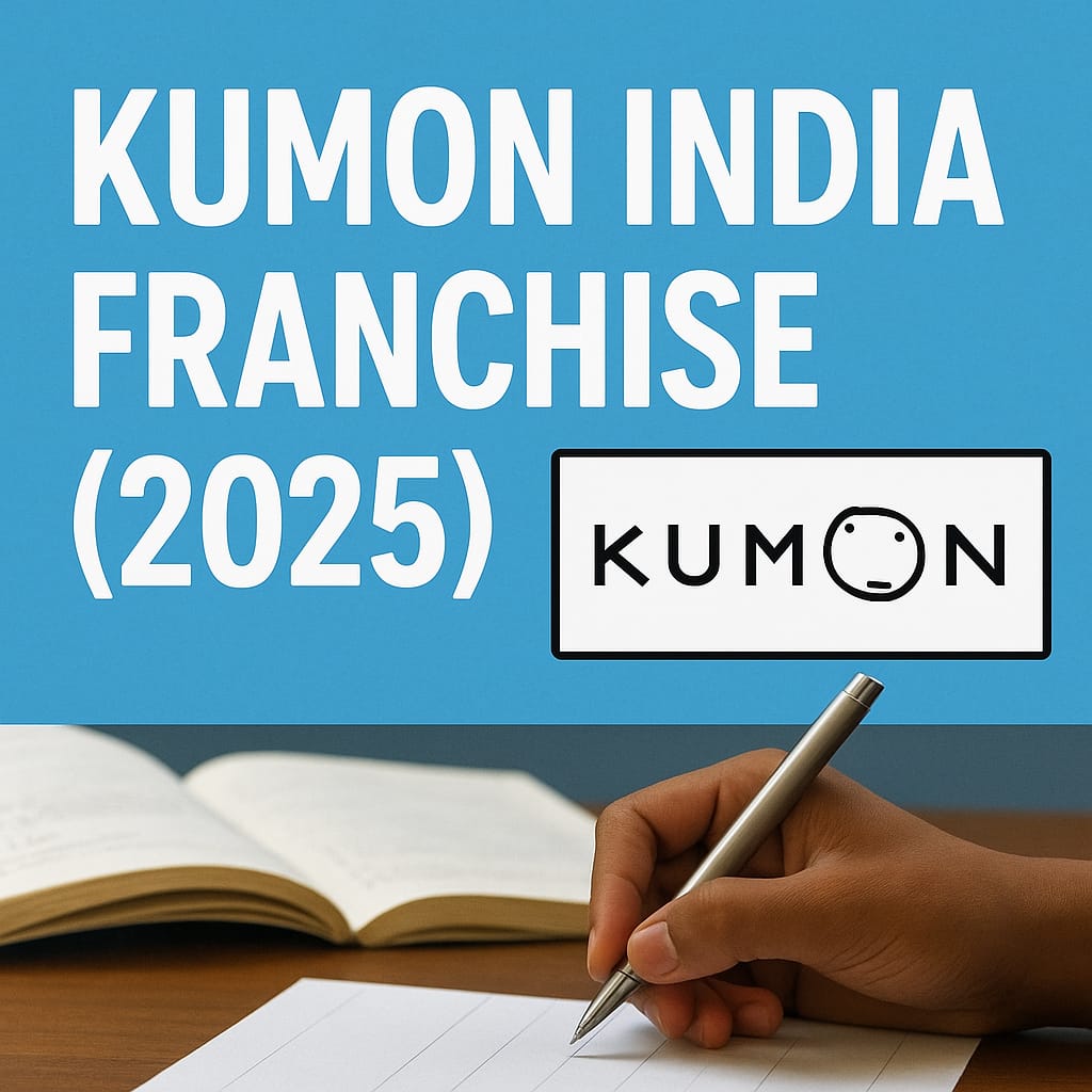 Student writing in workbook under Kumon India Franchise 2025 title with Kumon logo
