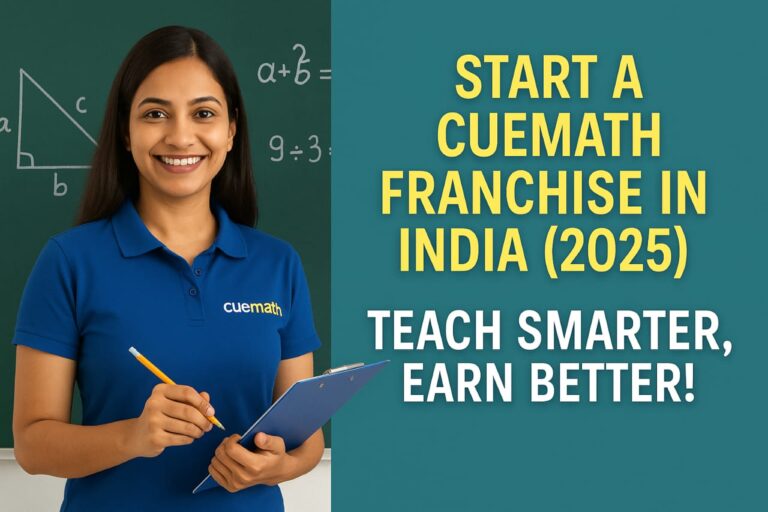 Smiling Indian woman in Cuemath uniform holding clipboard and pencil with math equations in background, promoting Cuemath franchise opportunity in India 2025.
