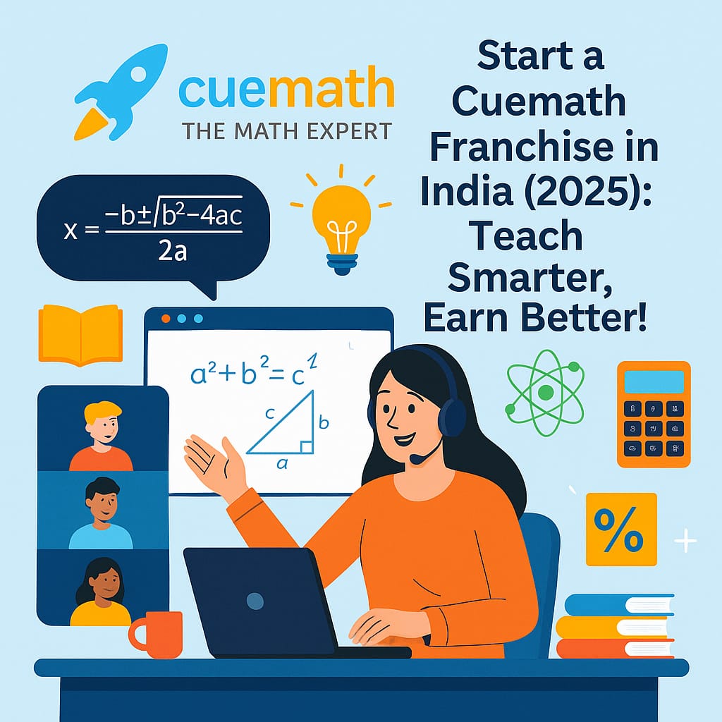 Online Cuemath teacher conducting a virtual math class with students, promoting Cuemath franchise opportunity in India 2025.