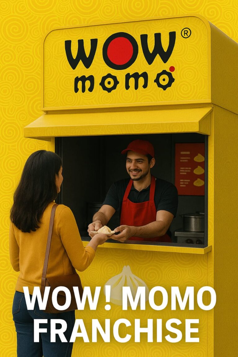 Customer buying momos at a vibrant Wow! Momo franchise kiosk in India – street food business opportunity in 2025