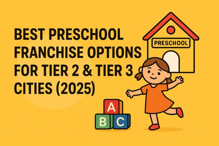 Illustration of a cheerful preschool girl with ABC blocks and a preschool building, representing top preschool franchise opportunities in Tier 2 and Tier 3 cities in India for 2025.