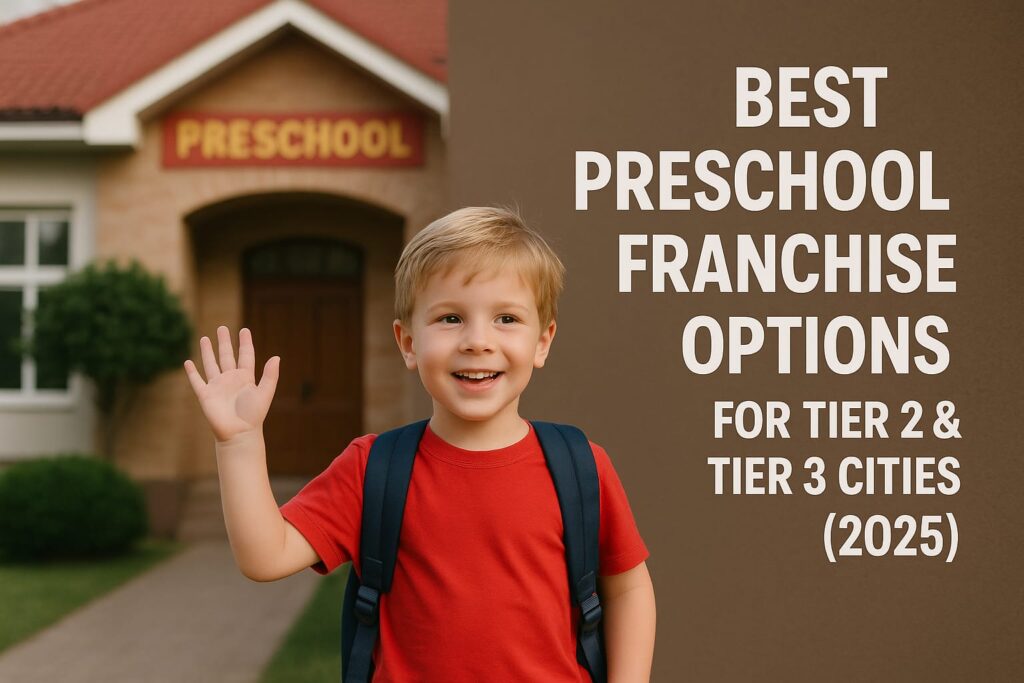 Happy preschool child waving outside a modern preschool building, representing top preschool franchise options in Tier 2 and Tier 3 cities in India for 2025.