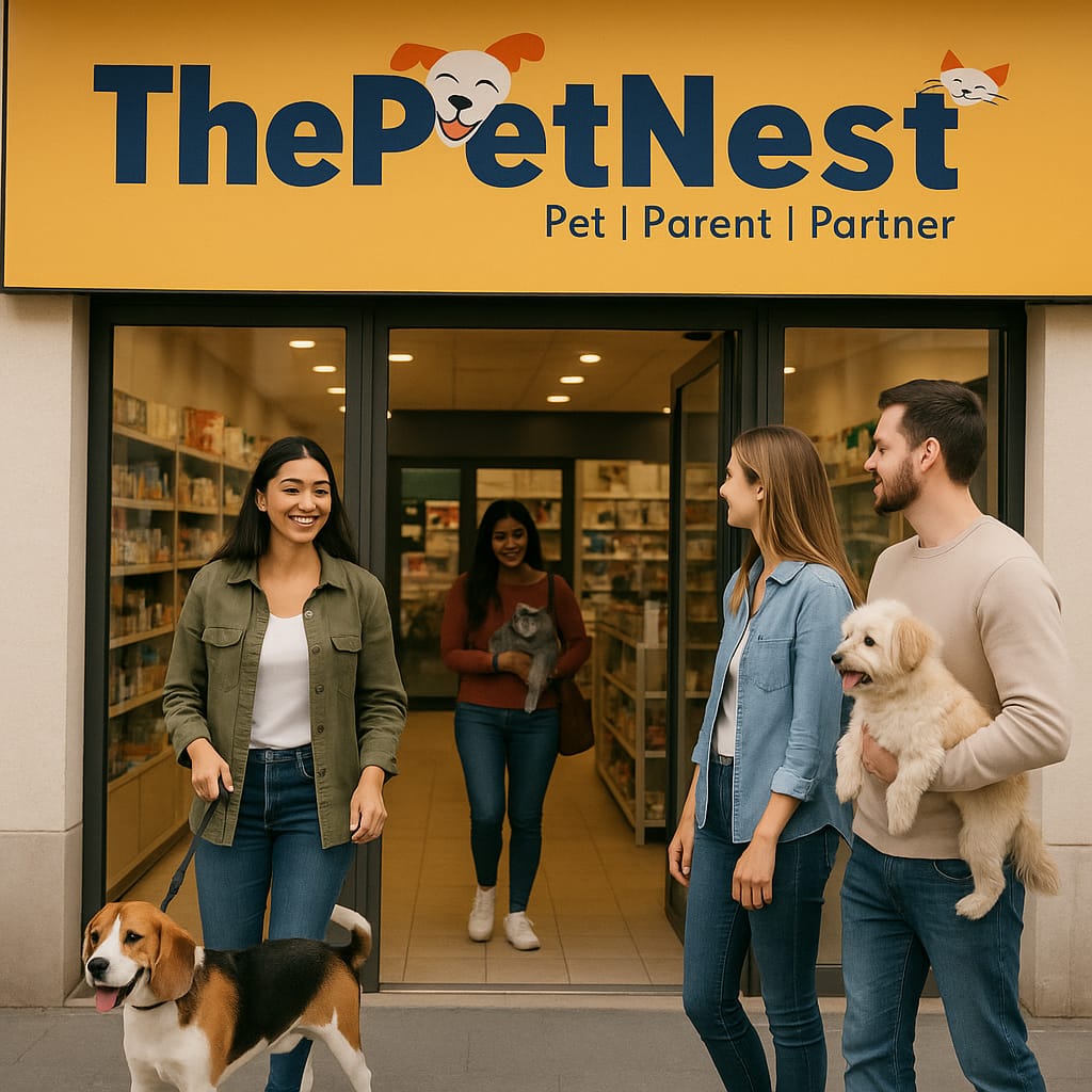 Pet owners with dogs and cats visiting ThePetNest franchise store in India for pet care services in 2025.