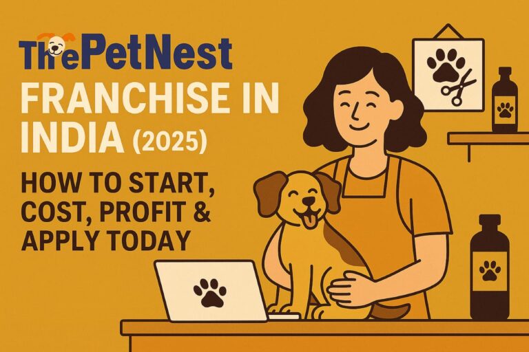 ThePetNest Franchise in India 2025 thumbnail showing a smiling woman with a dog, pet grooming icons, and details on starting, cost, profit, and application.