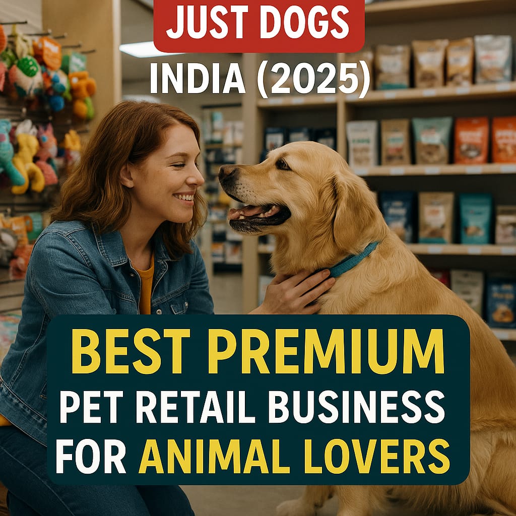 Happy woman with golden retriever inside a premium Just Dogs pet store in India, surrounded by pet products β showcasing top franchise opportunity in 2025.
