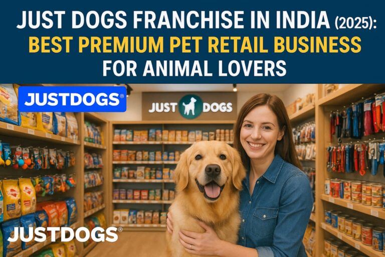 Smiling woman with Golden Retriever inside a premium Just Dogs pet store in India – 2025 pet retail franchise opportunity.