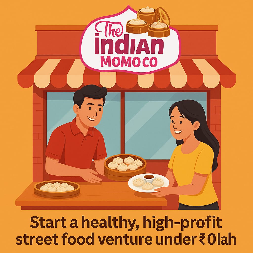 Franchise vendor serving fresh momos to a smiling customer at The Indian Momo Company shop in India – 2025 low-cost street food business opportunity.