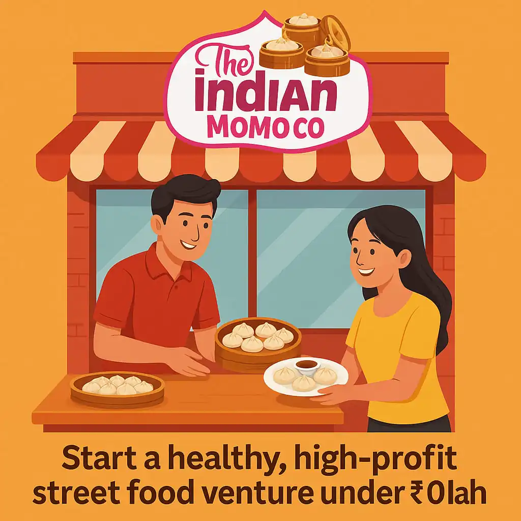 Franchise vendor serving fresh momos to a smiling customer at The Indian Momo Company shop in India – 2025 low-cost street food business opportunity.