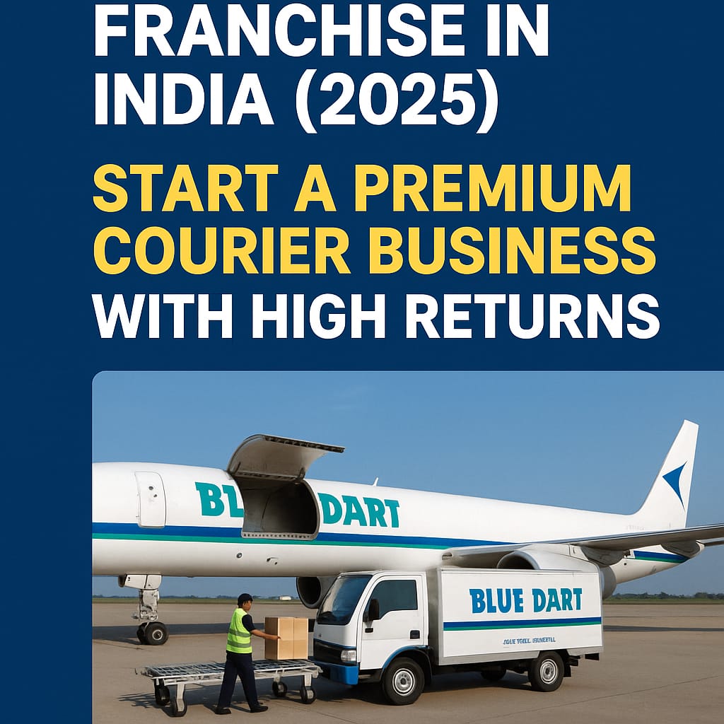 Blue Dart franchise courier truck and cargo plane at airport, showcasing premium logistics business in India 2025