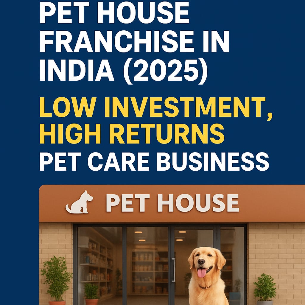 Pet House franchise storefront with happy Golden Retriever, representing a profitable pet care business in India 2025