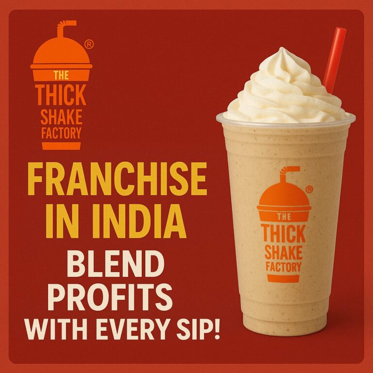 The ThickShake Factory Franchise in India 2025 promotional image with logo, creamy thickshake, and tagline Blend Profits with Every Sip!