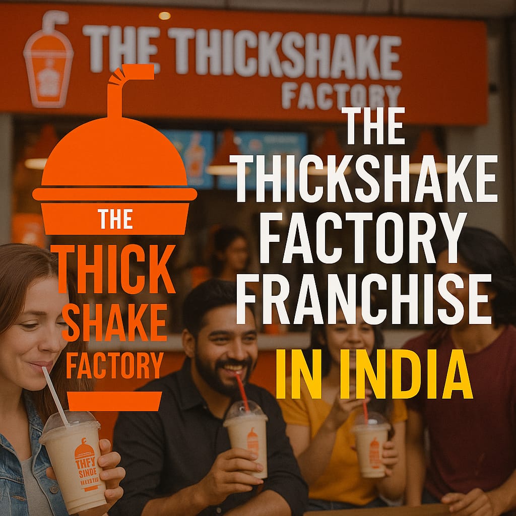 Customers enjoying milkshakes at The ThickShake Factory franchise outlet in India, with vibrant logo and stall branding.