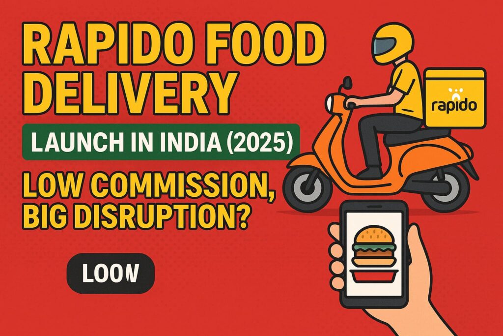 Rapido Food Delivery Launch in India 2025 – Rider with Rapido Bag on Scooter and Mobile App Visual