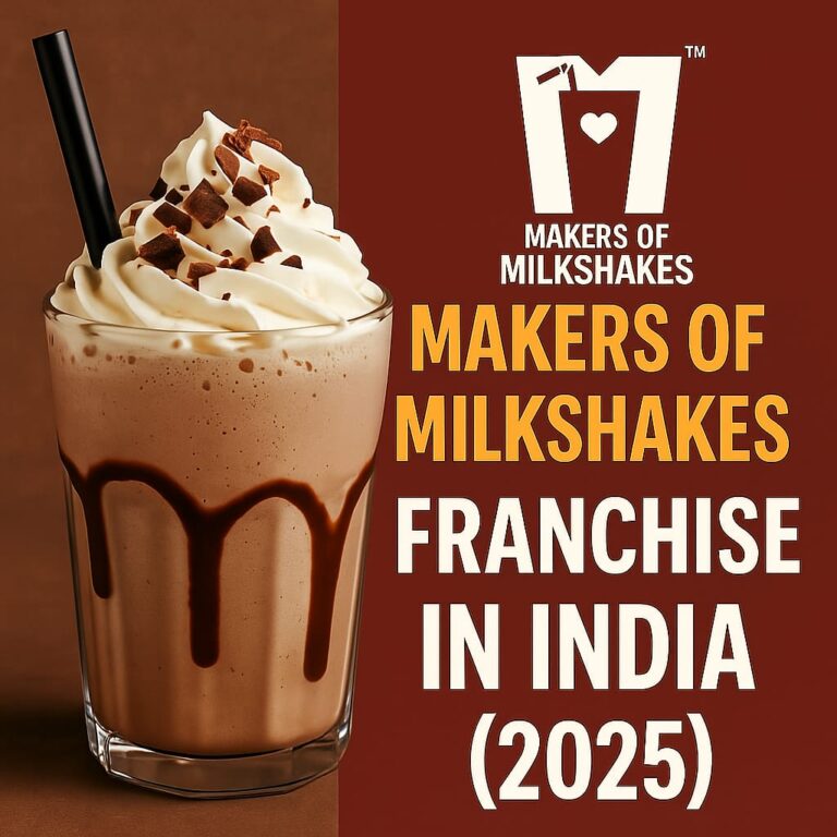 Delicious chocolate milkshake with whipped cream beside bold Makers of Milkshakes franchise announcement for India 2025, including brand logo.