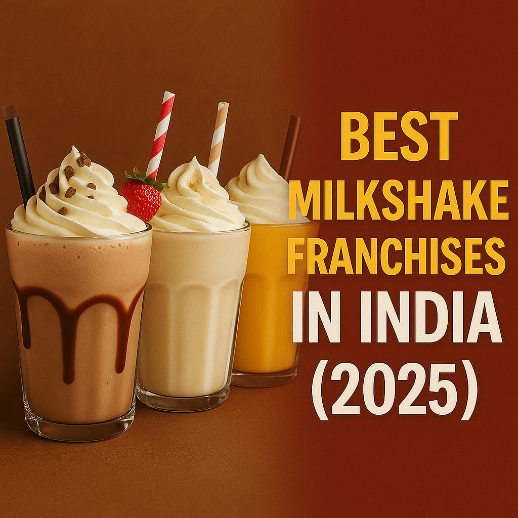 Four colorful milkshakes lined up with whipped cream toppings promoting top milkshake franchise brands in India for 2025.