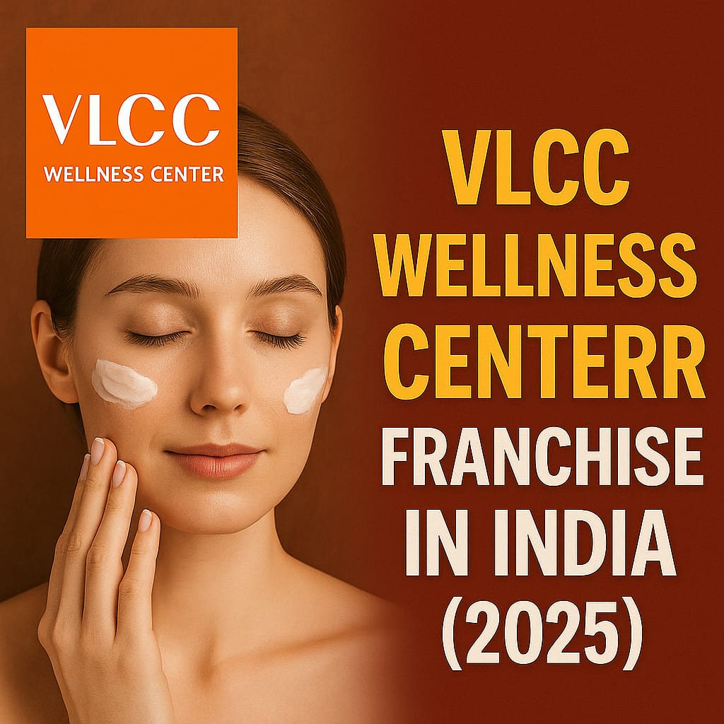 VLCC Wellness Center franchise 2025 promotional image showing a relaxed woman with glowing skin and VLCC branding.