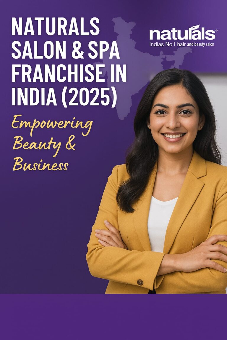 Confident woman promoting Naturals Salon & Spa Franchise in India 2025 with empowering beauty business message