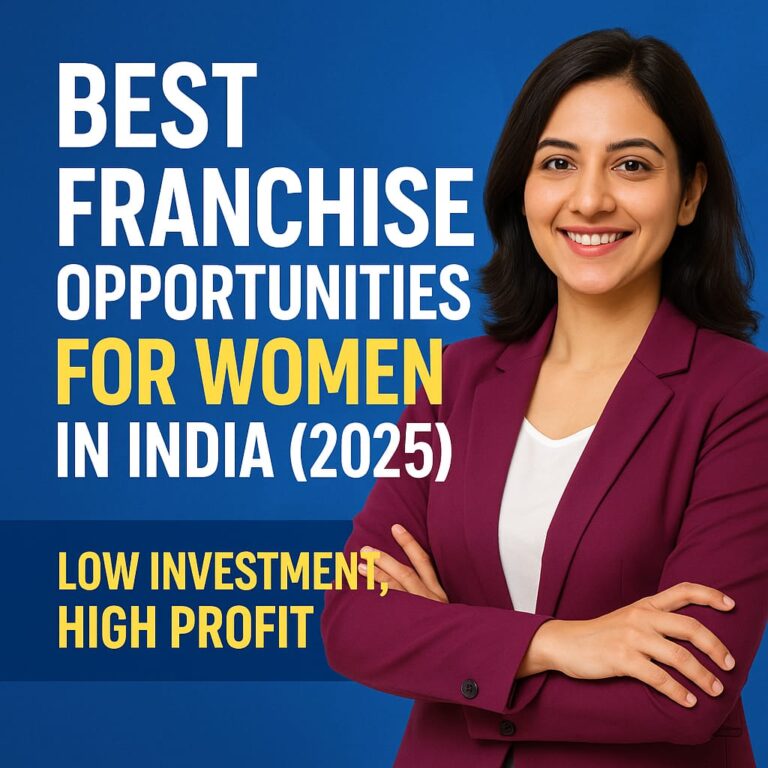 Confident Indian woman entrepreneur in a burgundy blazer promoting best franchise opportunities for women in India in 2025 with low investment and high profit