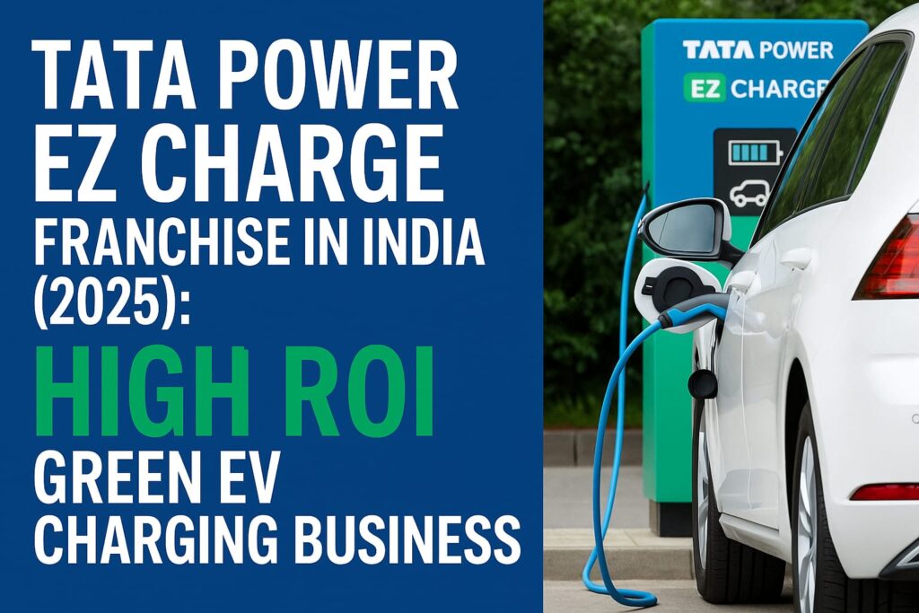 White electric car charging at Tata Power EZ Charge station – High ROI EV franchise opportunity in India (2025)