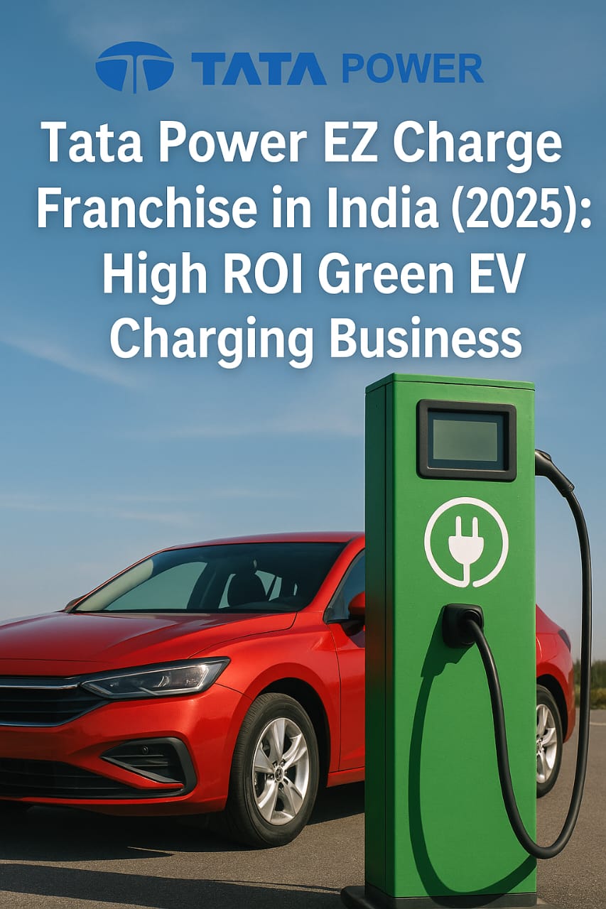 Red electric car plugged into Tata Power EZ Charge green EV charging station under blue sky in India – 2025 eco-friendly franchise concept.