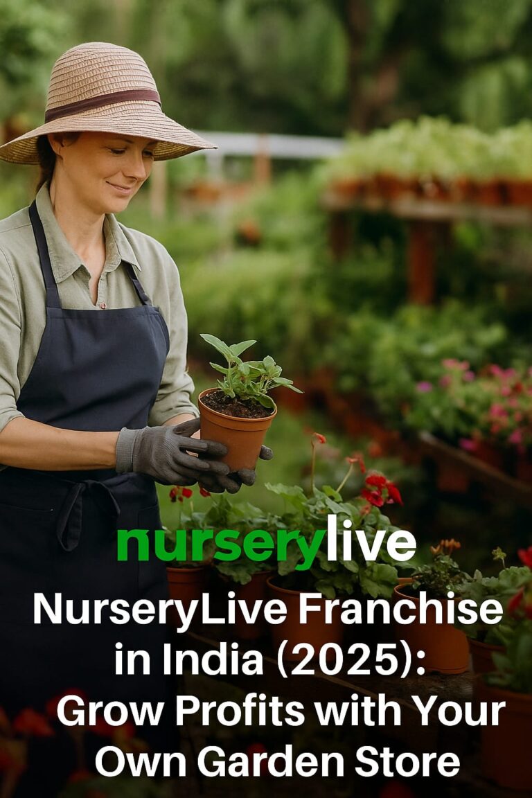 Woman holding potted plant in a lush nursery with NurseryLive logo – Franchise opportunity in India 2025