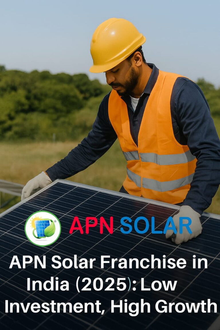 Technician installing solar panel with APN Solar logo – Renewable energy franchise opportunity in India 2025