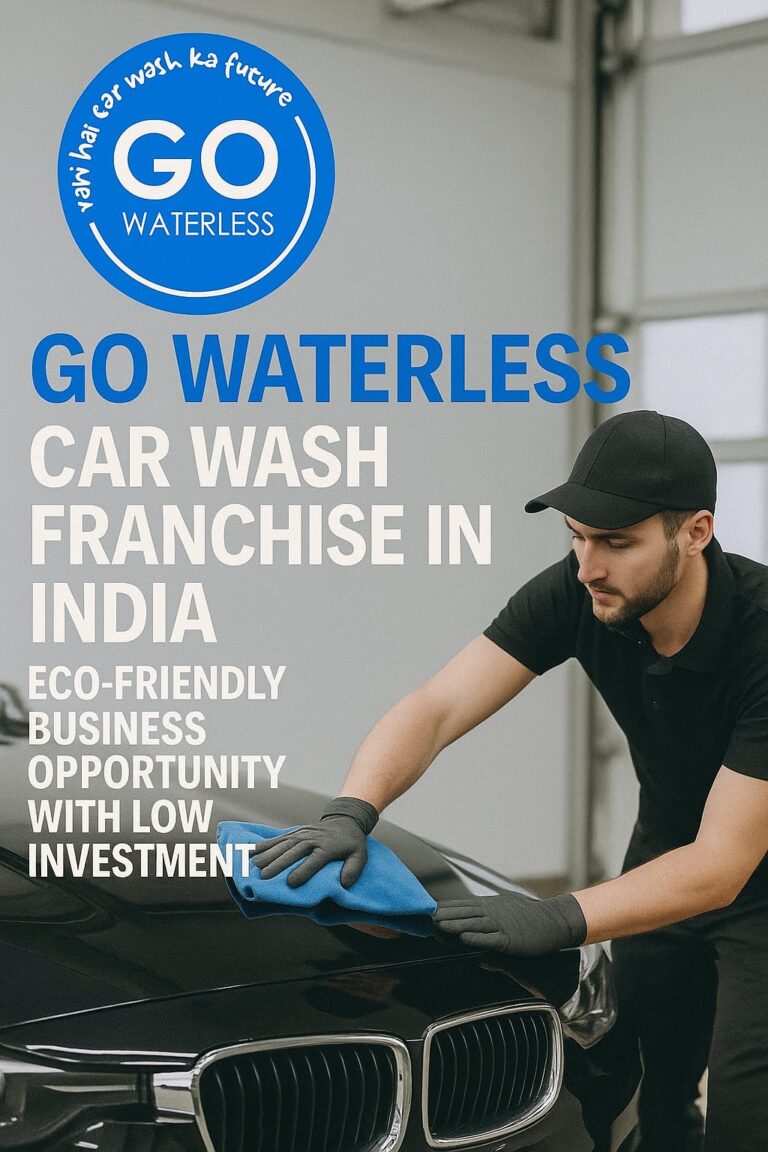 Man cleaning black car in Go Waterless Car Wash Franchise promotional banner India 2025, eco-friendly low investment opportunity.