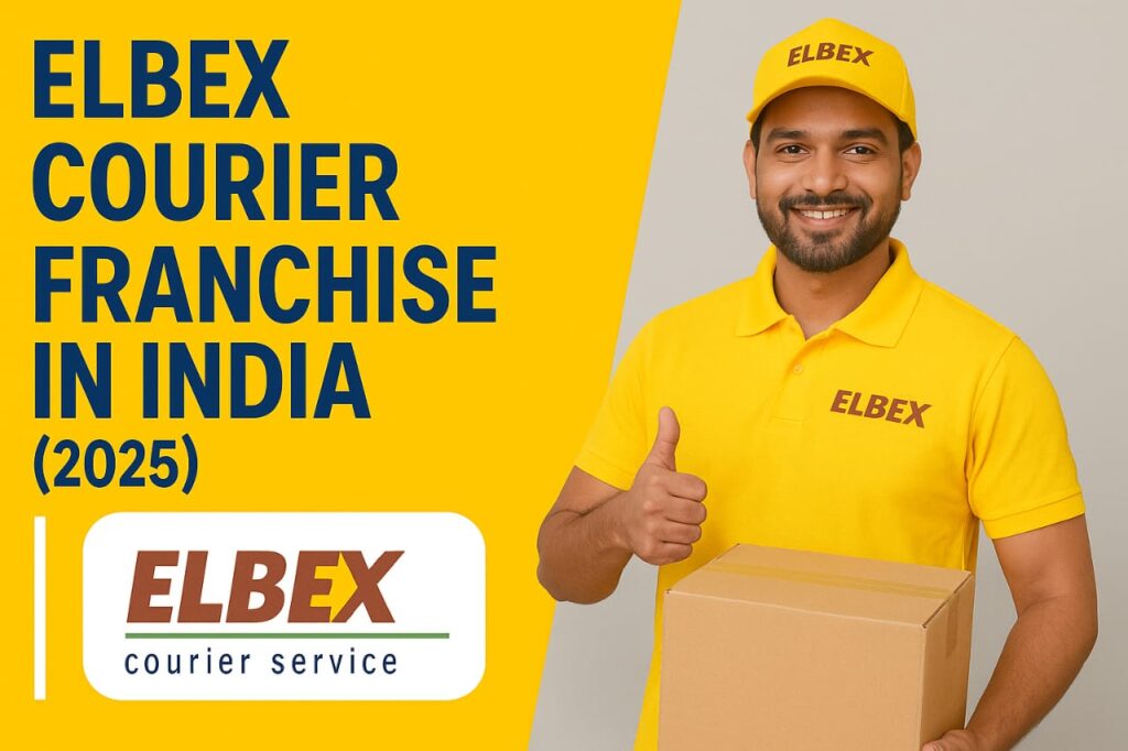 Smiling courier holding a parcel with Elbex Courier Service branding – Low-Investment Logistics Franchise in India 2025