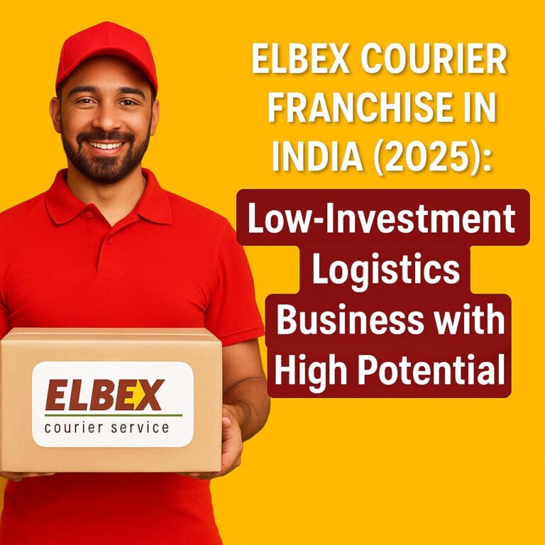 Smiling delivery man in red Elbex uniform holding branded package – Low-investment logistics franchise opportunity in India 2025