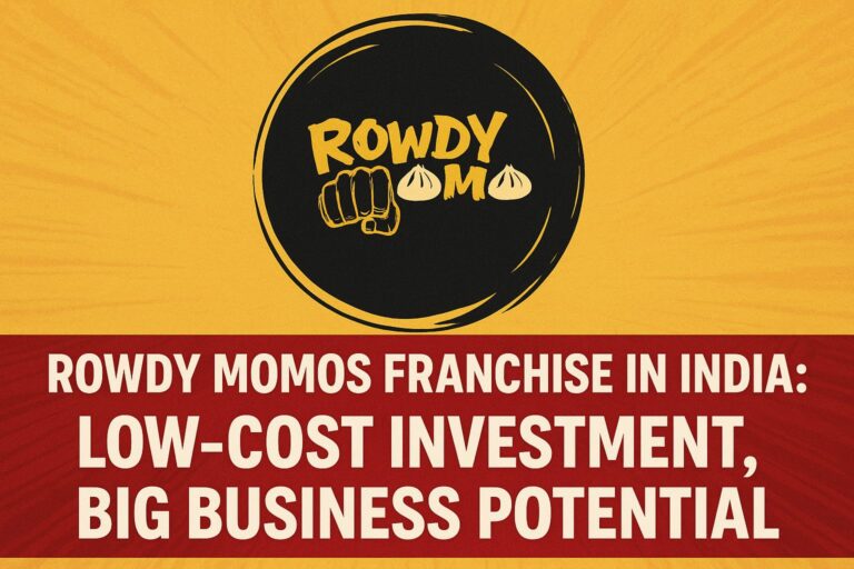 Rowdy Momos Franchise 2025 India – Vibrant yellow and red thumbnail with bold branding and low-cost business message.