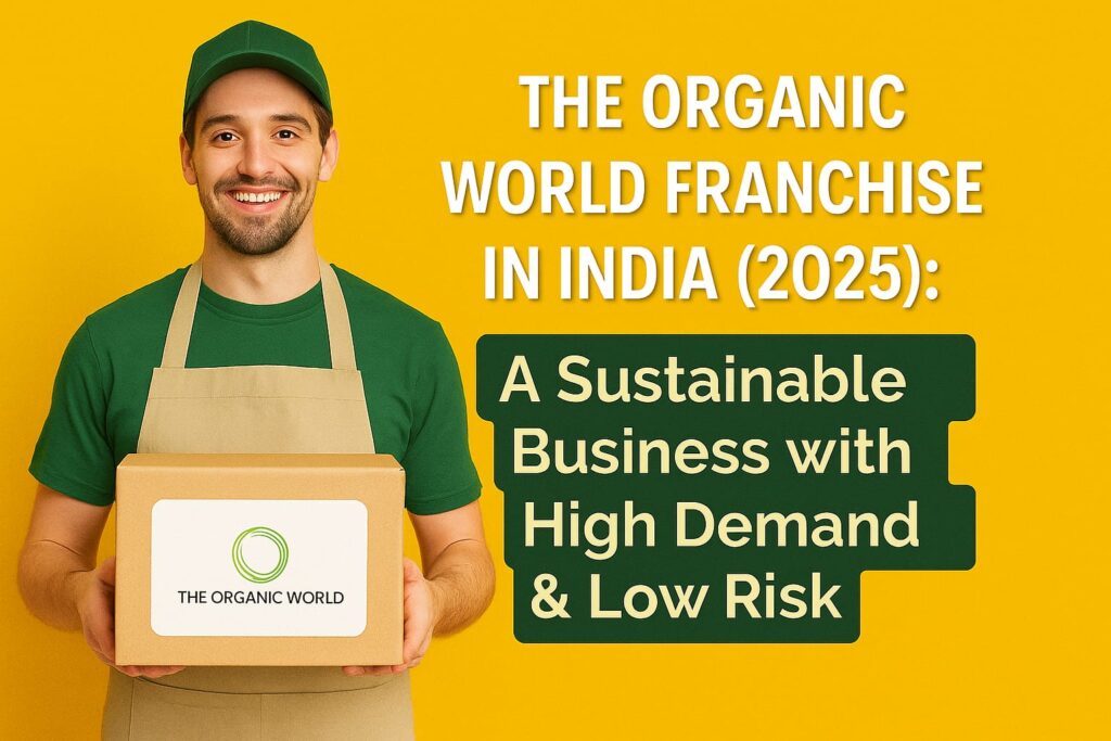 Smiling delivery staff holding The Organic World box – Sustainable franchise opportunity in India with high demand and low risk