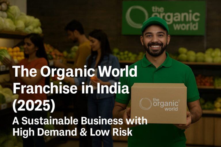 Indian staff member holding a branded box at The Organic World store, with customers shopping for fresh fruits and vegetables – sustainable franchise opportunity in India 2025