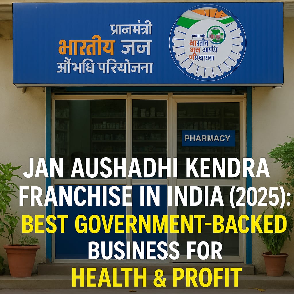 Exterior of Jan Aushadhi Kendra pharmacy with PMBJP branding – Profitable government franchise for healthcare in India 2025
