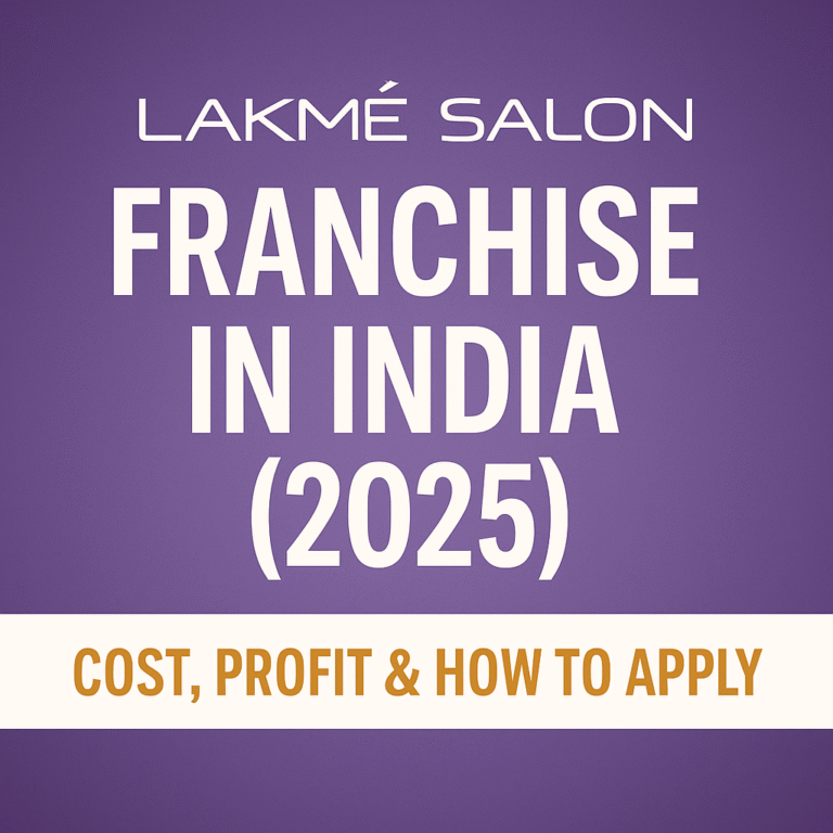 Professional thumbnail showing Lakmé Salon franchise opportunity in India with cost, profit, and application steps for 2025