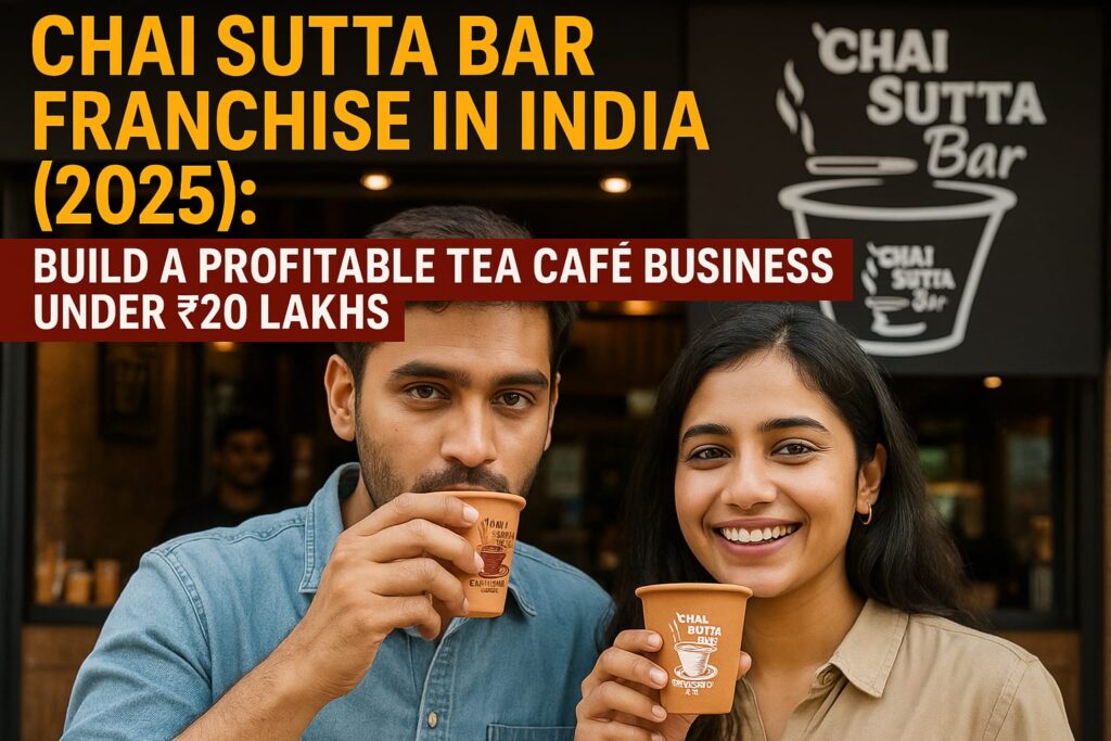 Indian couple enjoying tea in front of a Chai Sutta Bar franchise stall – branded terracotta cups and logo background highlight a profitable tea café business in India 2025