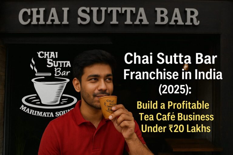 Indian man enjoying chai in front of Chai Sutta Bar franchise outlet – Start a profitable tea café business under ₹20 Lakhs in India (2025)